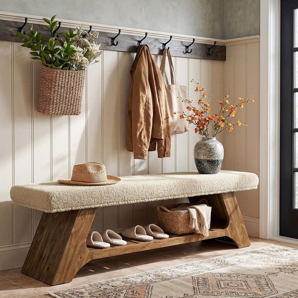 Tribesigns 55" Solid Wood Bench with Cushion, Upholstered Entryway Bench