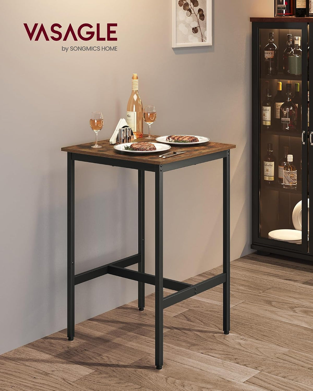 VASAGLE Bar Table, Kitchen Dining, High Top Pub, Square, Steel Frame