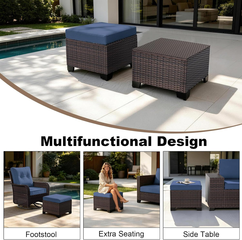 2 Pieces Wicker Ottomans, All Weather Rattan Patio Ottoman with Removable Cus...