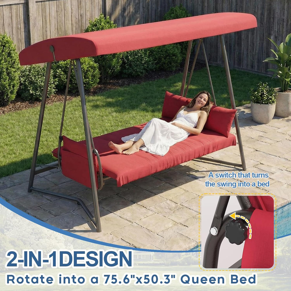 3-4 Seat Outdoor Porch Swing with Adjustable Canopy Patio Swing Bed with Stan...