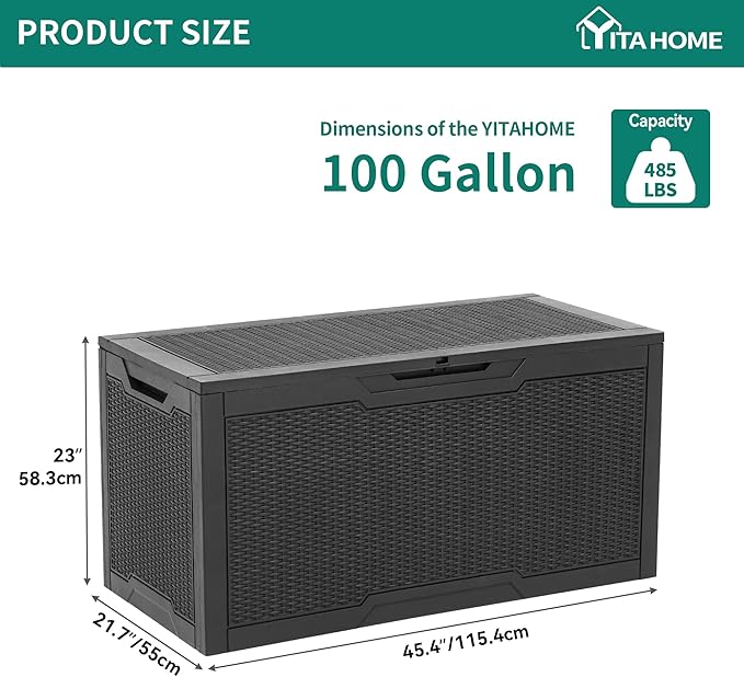 YITAHOME 100 Gallon Resin Deck Box, Weather Resistant Outdoor Storage Box, Lo...