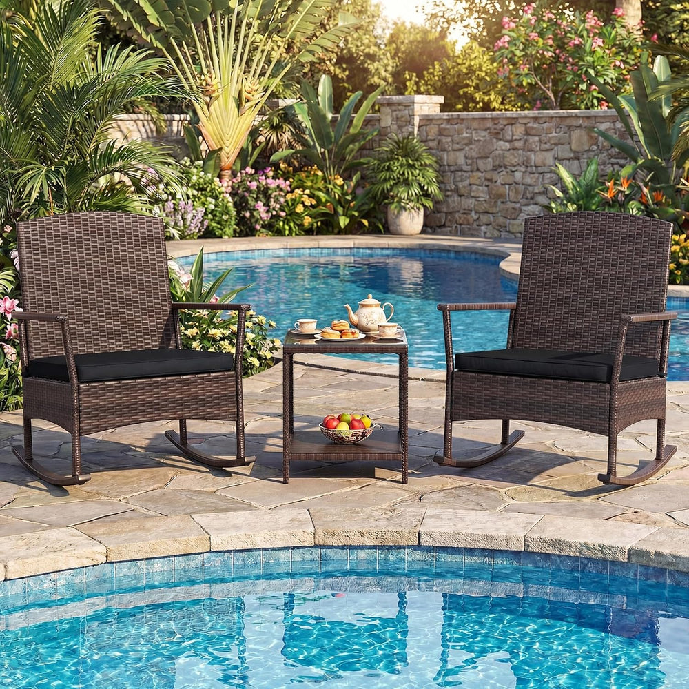 Tangkula 3-Piece Outdoor Bistro Set Wicker Rocking Chairs (Black)