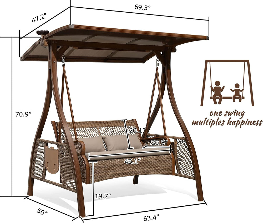 PURPLE LEAF Wicker Porch Swing 2 Person with PVC Canopy and Solar LED Light