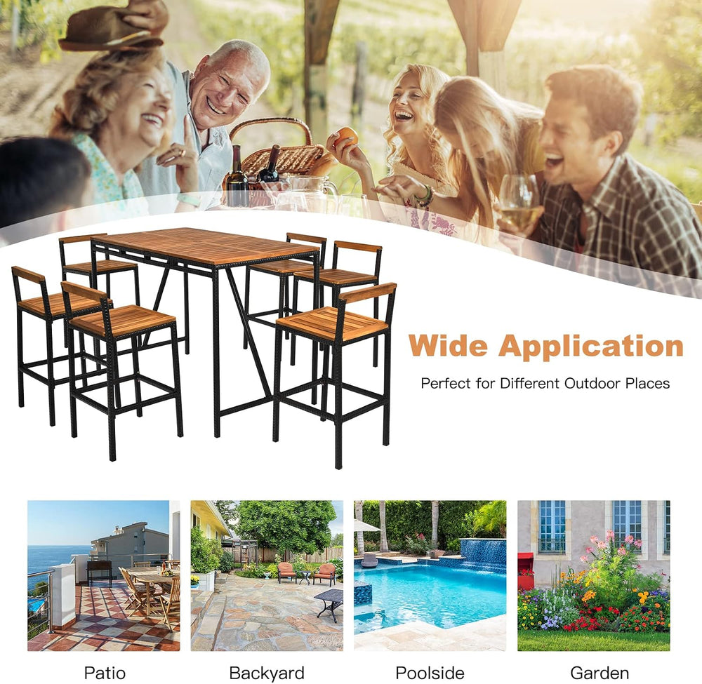 HAPPYGRILL 7 Piece Patio Bar Table Set with Umbrella Hole Acacia Wood High-Di...