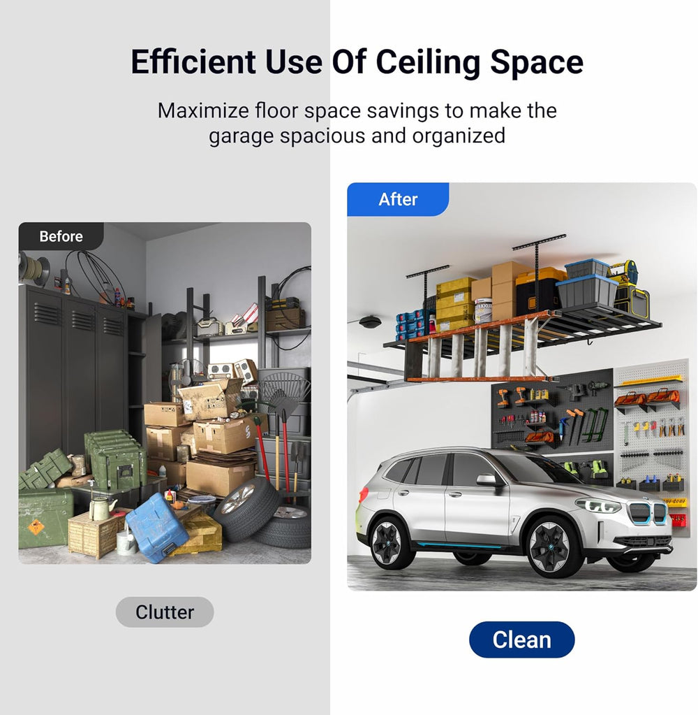 FLEXIMOUNTS 4x8 Overhead Garage Ceiling Storage Rack with 6 Hooks, Black