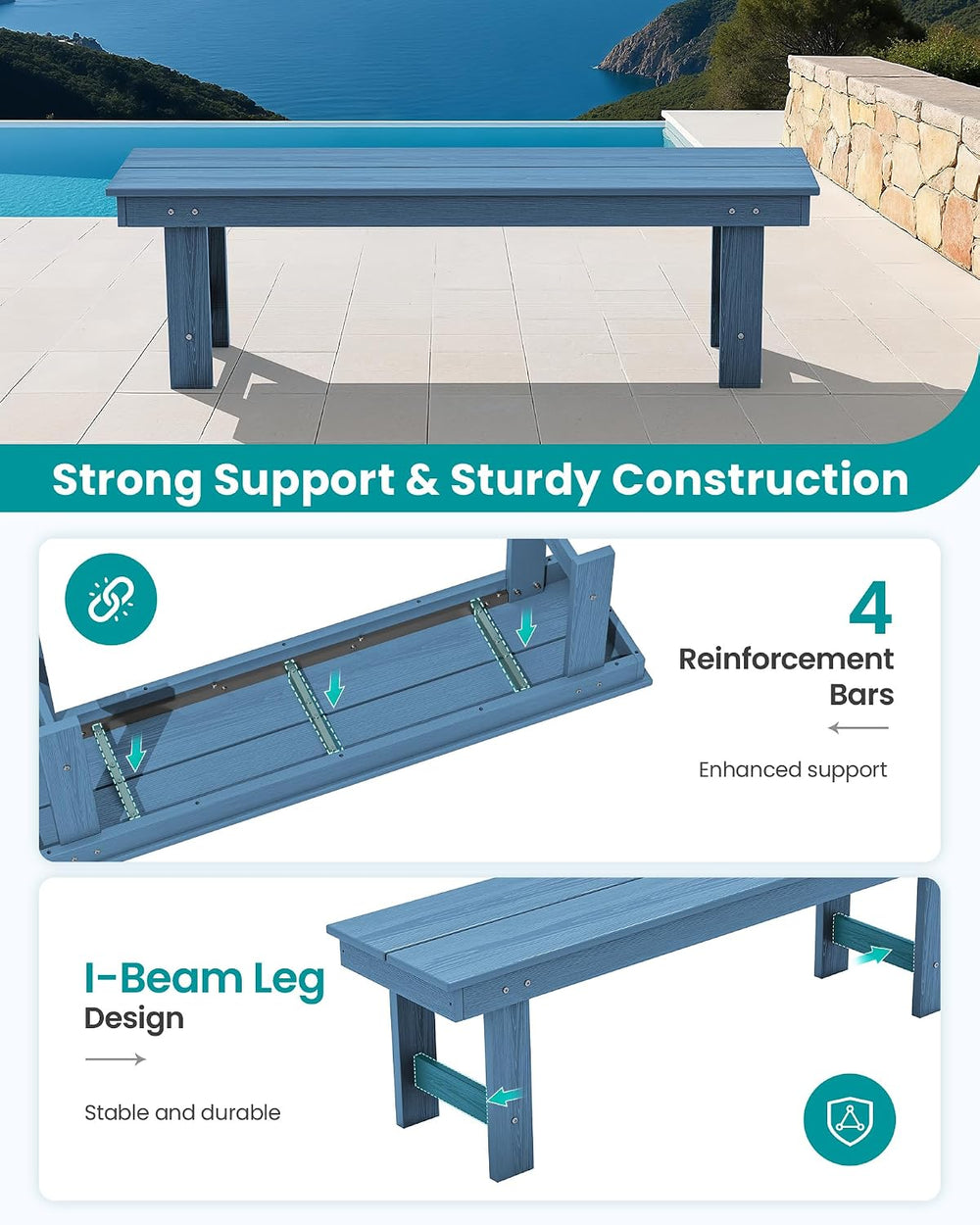 SERWALL 2-Person Backless Outdoor Bench 56 Inches, Navy