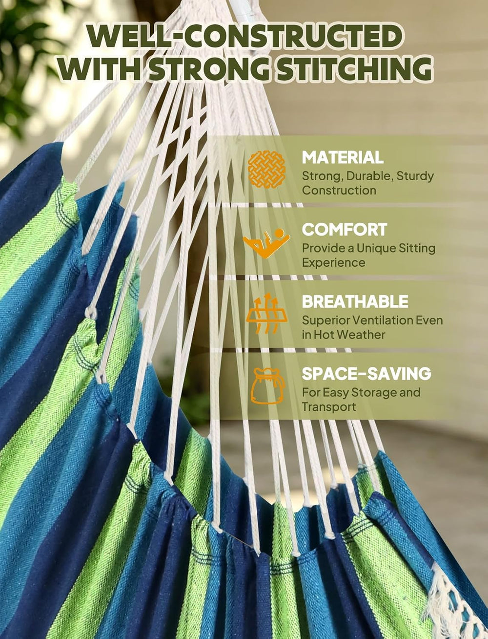 Chihee Hammock Chair Max 500 Lbs 2 Cushions Spreader Bar Strap Carabiner