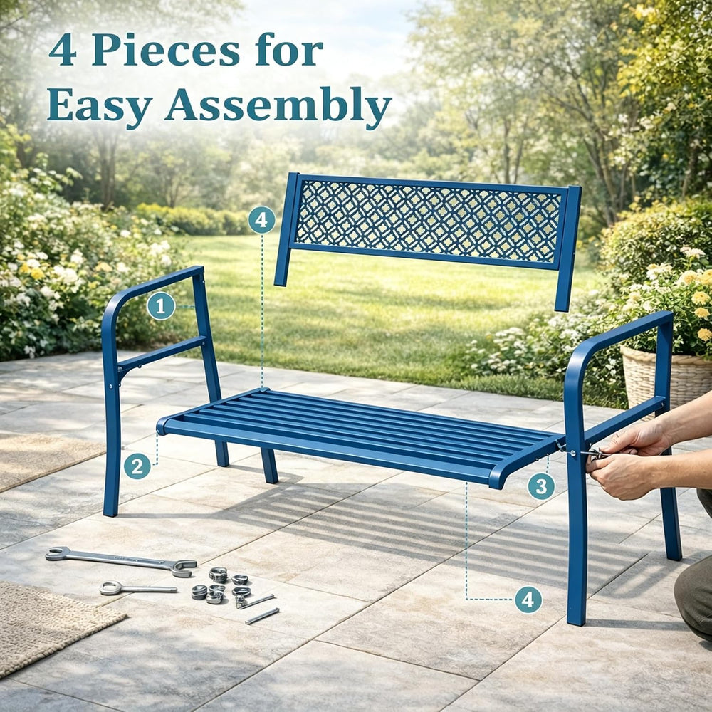 IDEALHOUSE Outdoor Metal Garden Bench 2 Person, 790 Lbs Heavy Duty Steel Pati...