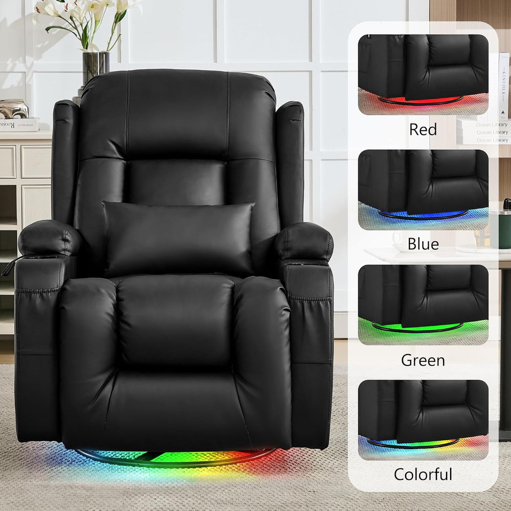 URRED Swivel Rocker Recliner Chair with LED Ambient Lights for Adults,Black
