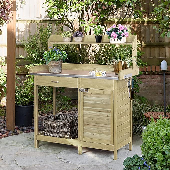 Yaheetech Outdoor Potting Bench Table, Garden Work Bench w/Metal Tabletop Wor...