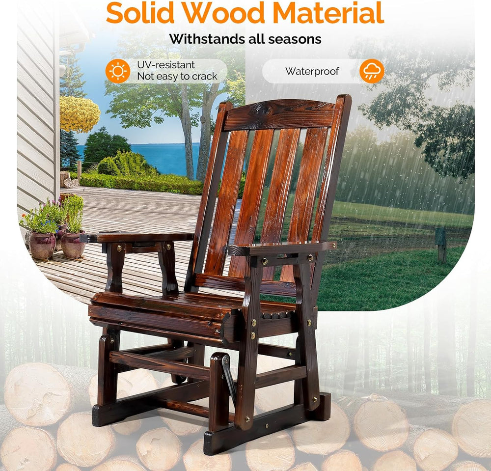 VINGLI Wooden Patio Glider, Heavy Duty 600 LBS Outdoor Glider with Cup Holder...