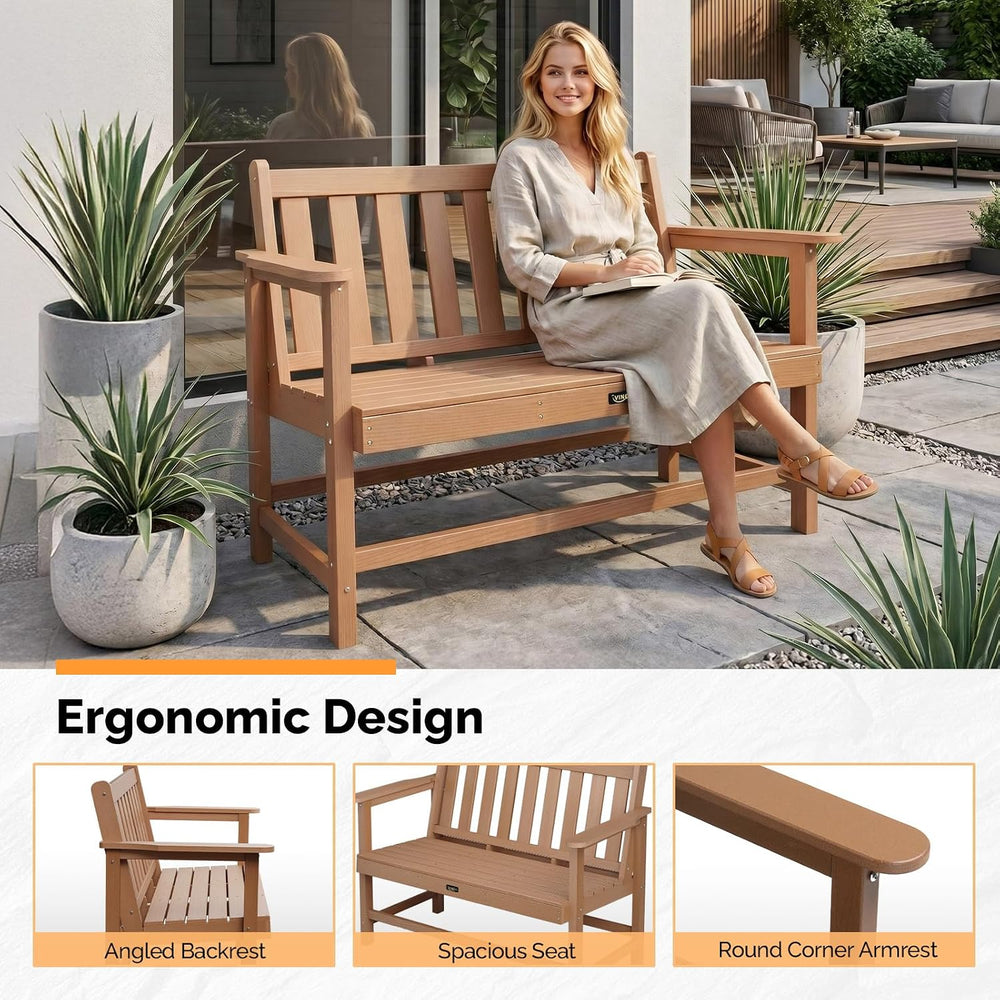 VINGLI 49in HDPE Outdoor Bench with Backrest and Armrests, 2-Person Weatherpr...