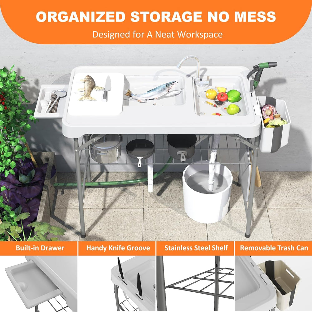 Folding Fish Cleaning Table with 2 Sinks, 42.5'' Portable Camping Sin...