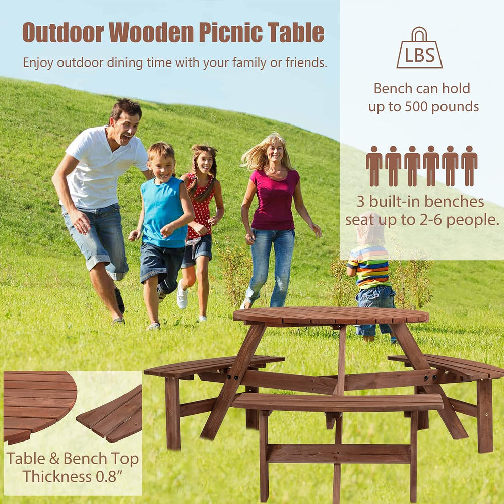 6 Person Wood Picnic Table, Outdoor Round Picnic Table with 3 Built-in Benche...