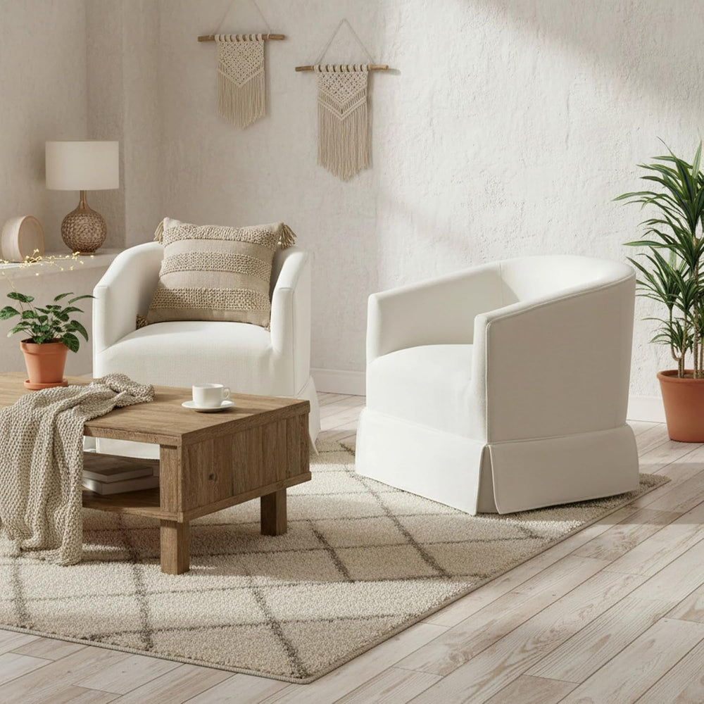 Swivel Accent Chairs Set of 2, Barrel Chair, Skirted Base, White