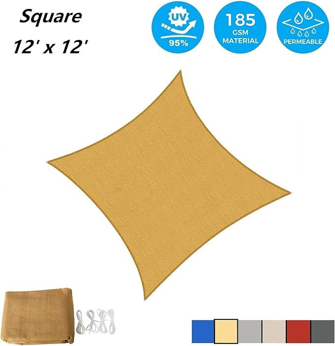 ASTEROUTDOOR Sun Shade Sail Rectangle 12' x 12' UV Block Canopy for P...