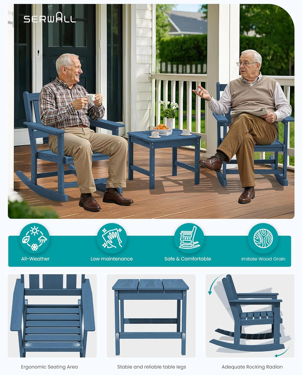 SERWALL 3-Piece Patio Furniture Set with 2 Rocking Chairs & Table, Blue