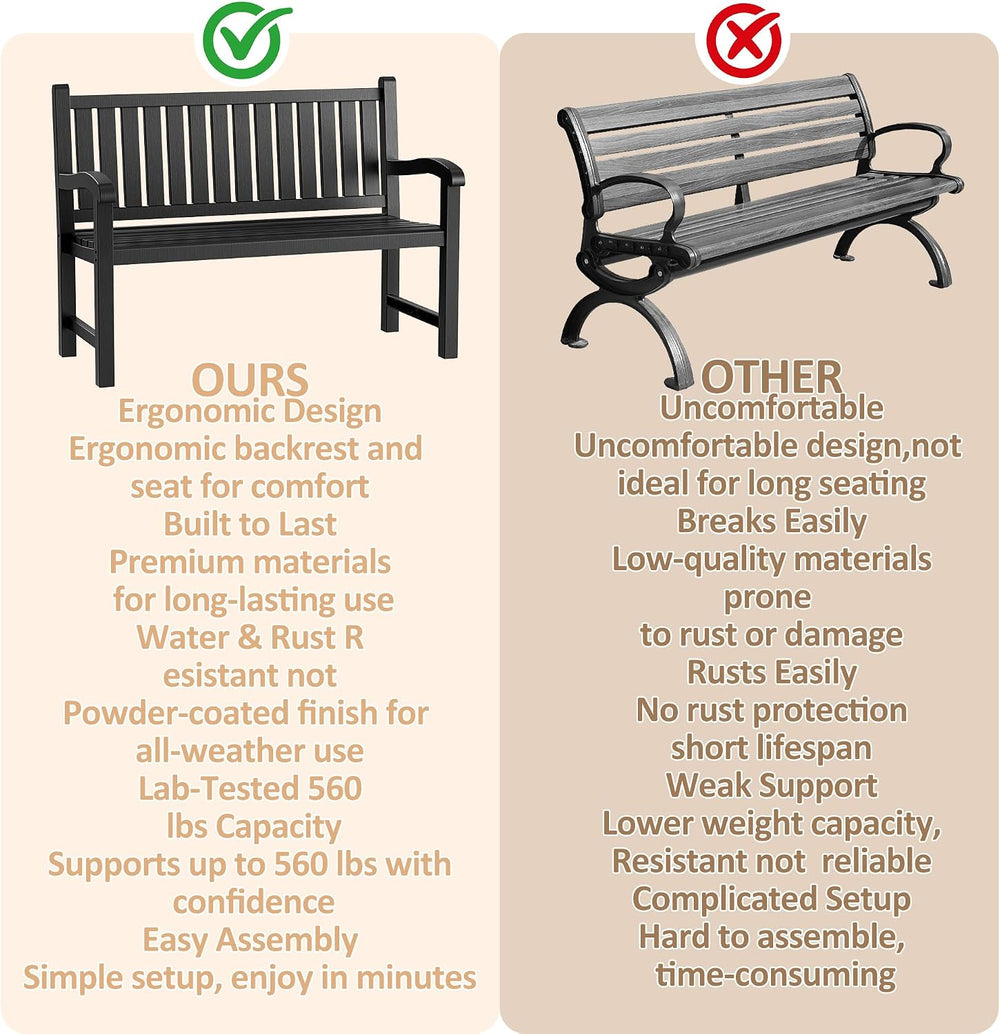Weatherproof Resin Outdoor Garden Bench, 2-Seater,Classic Black