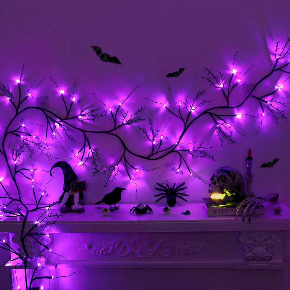 9FT 72 LED Willow Vine Twig Decor Black Halloween Garland with Bat & Purp...
