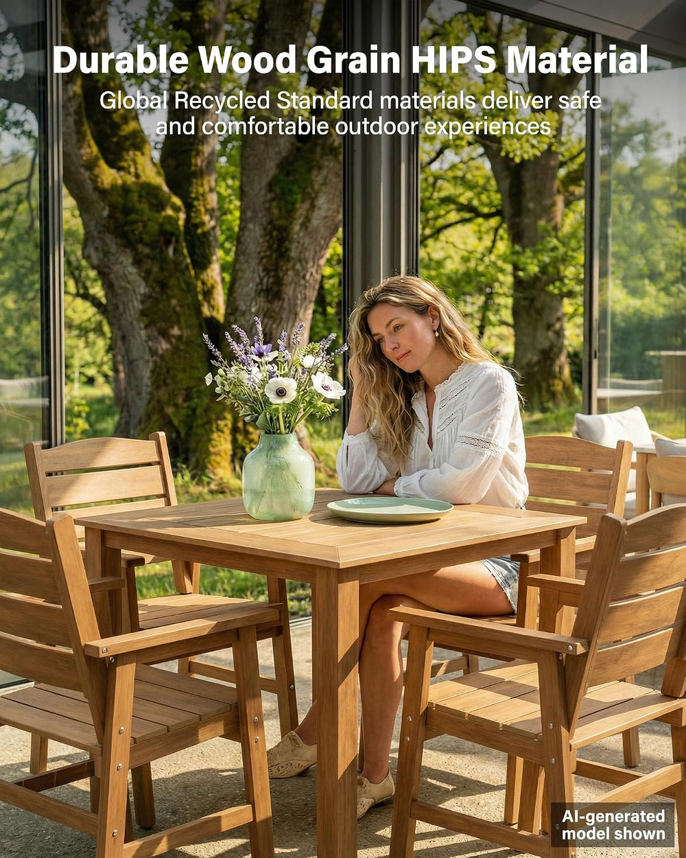 YEFU 5 Piece Square Patio Dining Set, Sturdy Aluminum Frame, HIPS, Teak