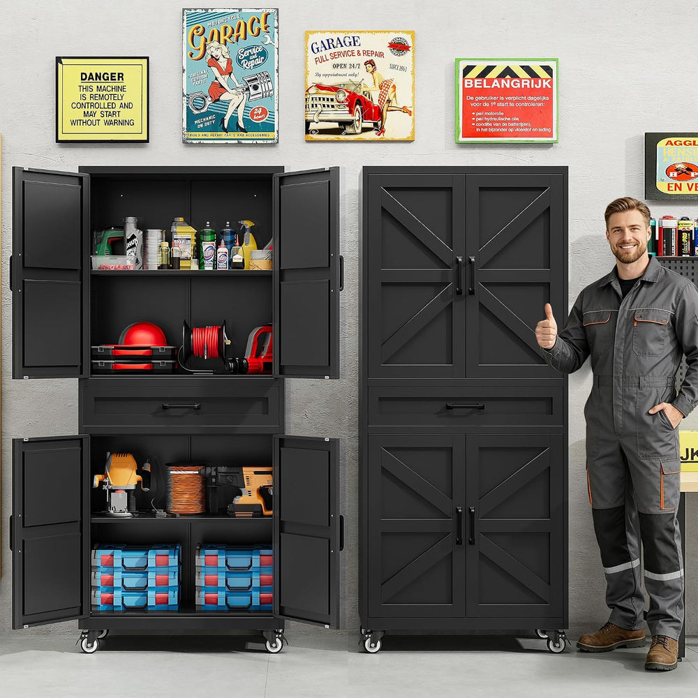 Black Metal Storage Cabinet with Wheels and Drawer,Rolling Garage Cabinet wit...