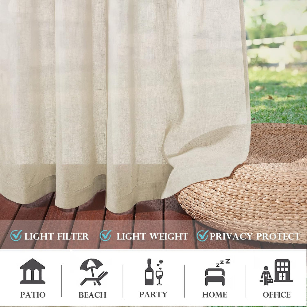 RYB HOME 2 Panels Linen Sheer Outdoor Curtains for Patio Waterproof