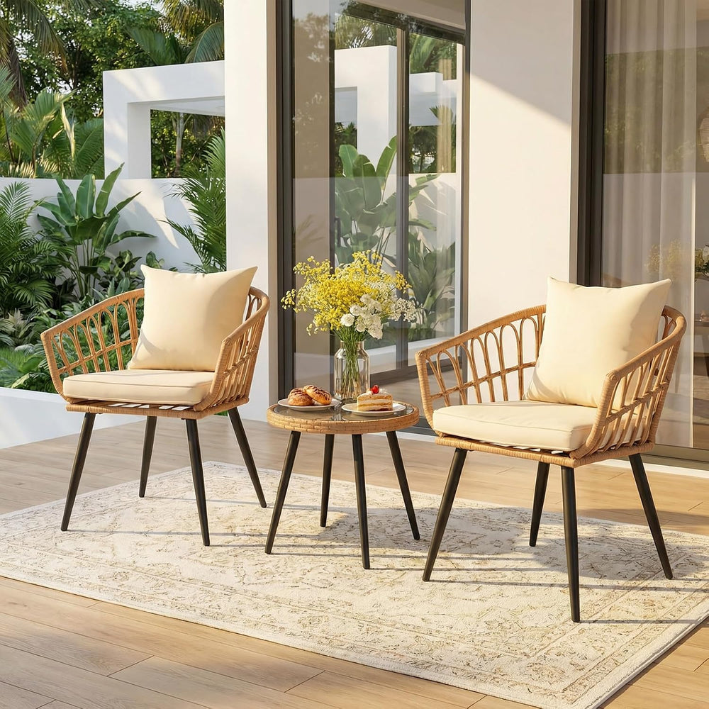 3-Piece Patio Dining Set, Featuring a Round PE Rattan Table and 2 Chairs, Sui...