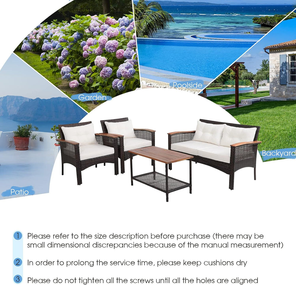 Tangkula 4-Piece Patio Furniture Set, Patiojoy Acacia Wood Outdoor PE Wicker ...