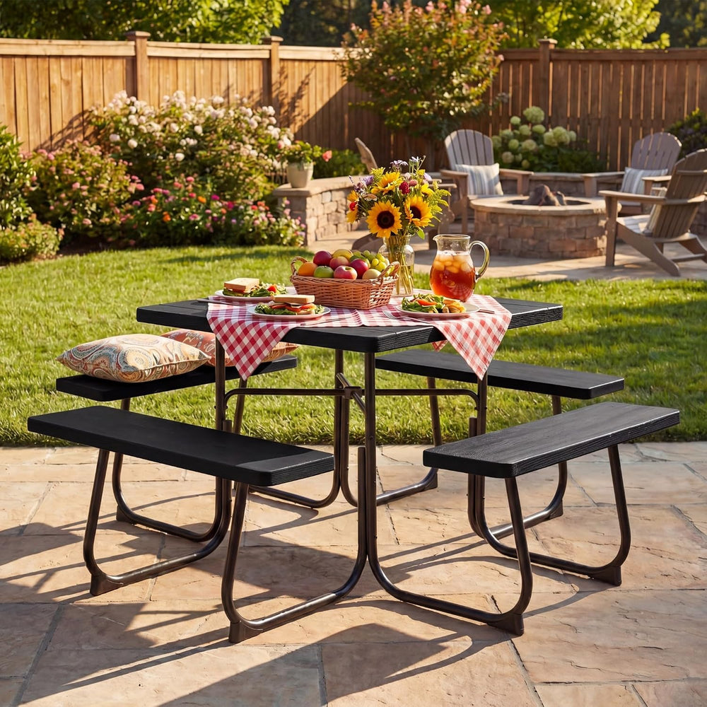 GYMAX Picnic Table Bench with Umbrella Hole, 8 Person Square Outdoor Picnic T...