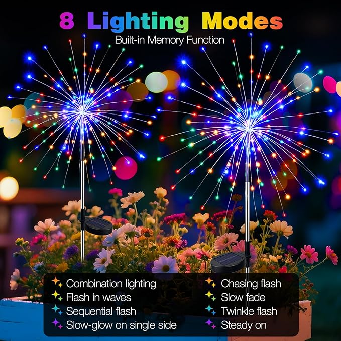 btfarm 6 Pack Solar Garden Lights Outdoor, 8 Modes Firework Lights Solar Powe...
