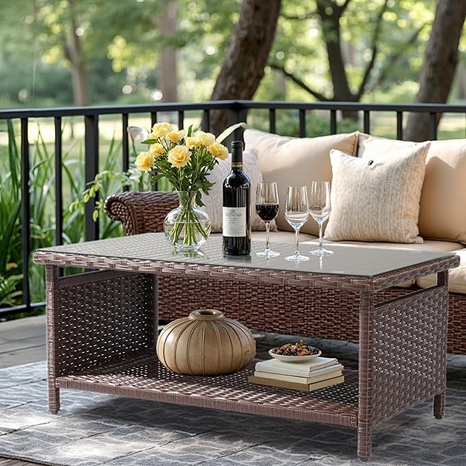 VINGLI Outdoor Wicker CoffeeTable Patio Coffee Tables for Outside, Tempered G...