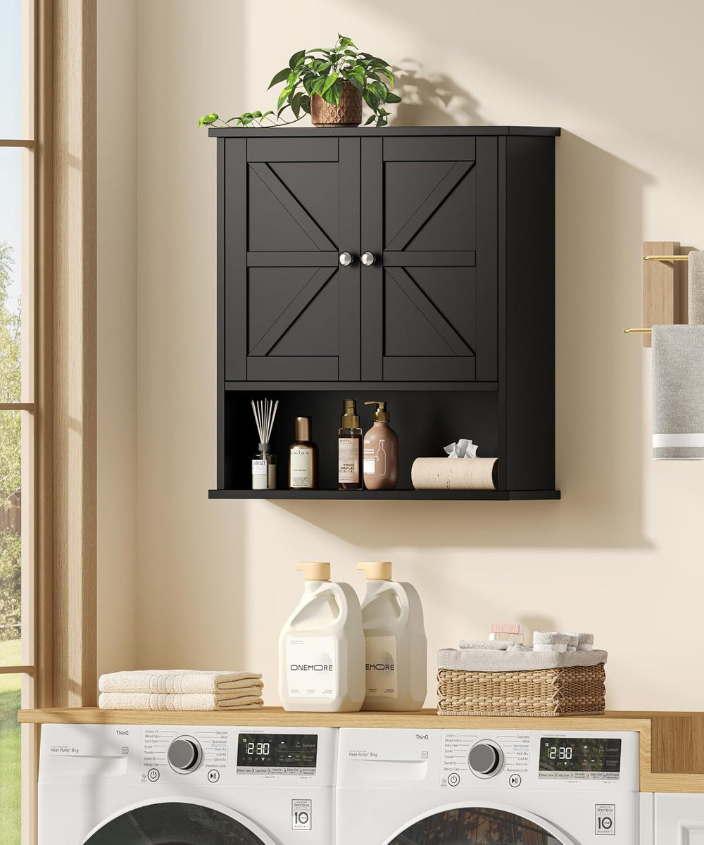 Black Bathroom Wall Cabinet with Adjustable Shelf & Barn Doors