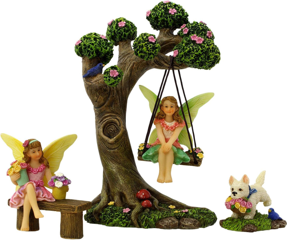 Fairies for Fairy Garden - 4 Piece Set with Tree Swing | Hand-painted resin; ...