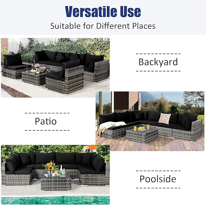 Tangkula 7 Pieces Patio Rattan Furniture Set, Patiojoy Outdoor Conversation S...