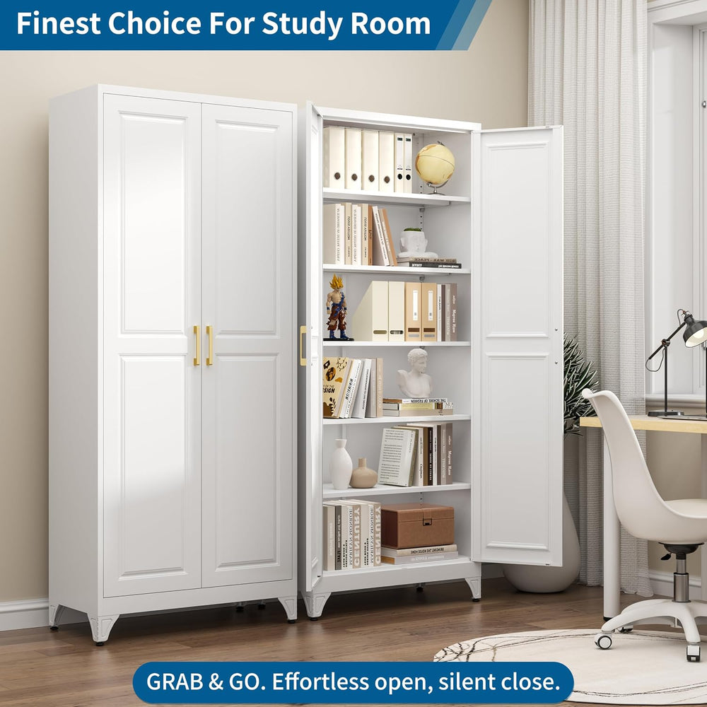 75" White Metal Storage Cabinet with Doors, Heavy Duty