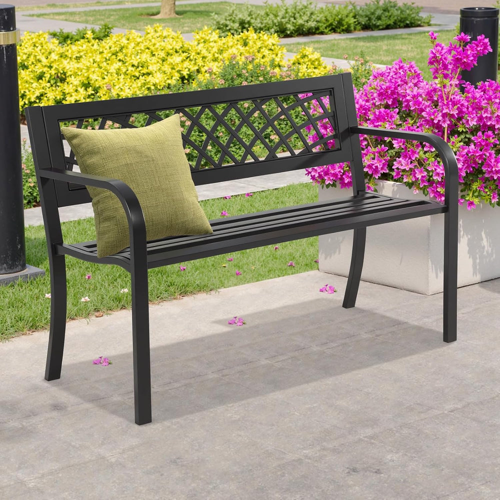 Outdoor Bench,Patio Garden Benches,Metal Weatherproof Porch Bench with Grid-P...