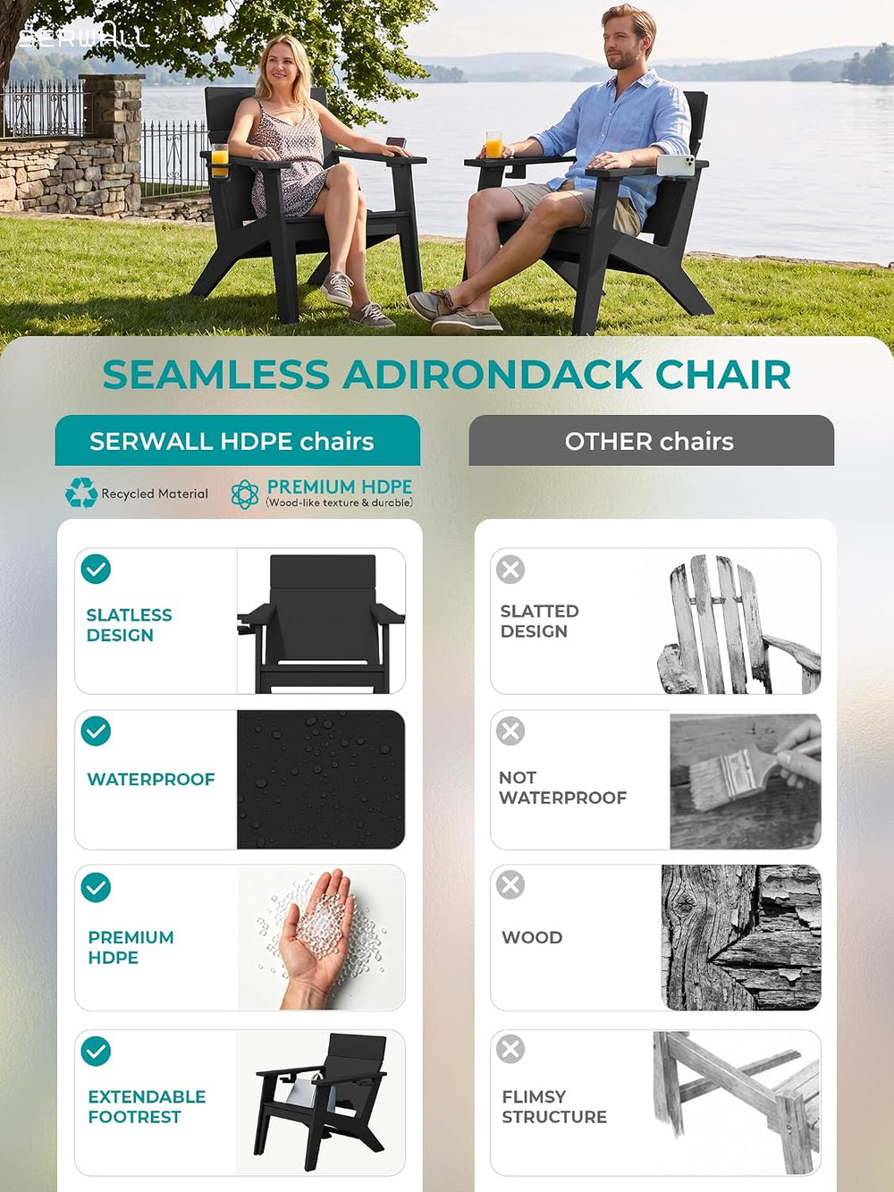SERWALL Modern Adirondack Chair Tall Lounge Chair with Cup Holder, Black