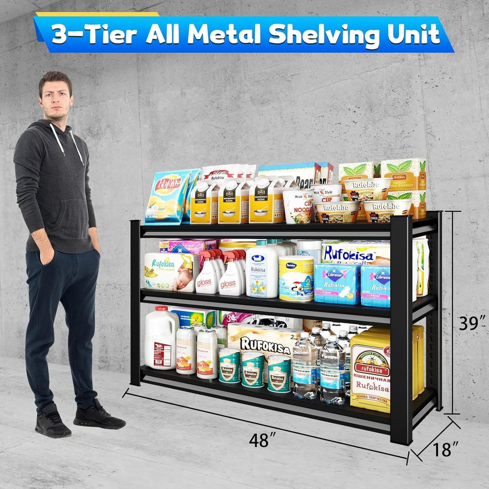 3-Tier Garage Shelving Heavy Duty,48" W Metal Shelving Unit for Garage, ...