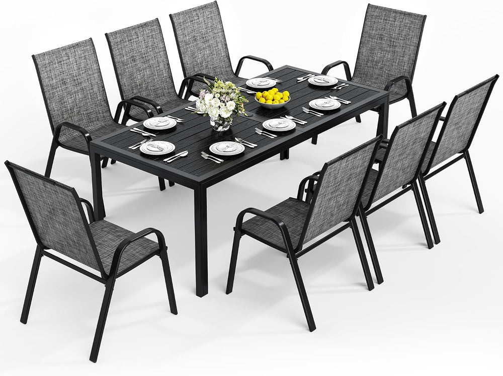 Pamapic Outdoor Dining Sets for 9, Rectangular Steel Slat Table with 8 Textil...
