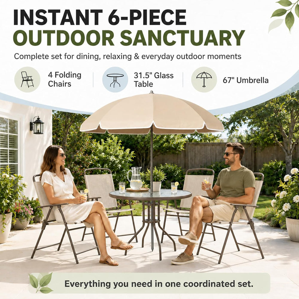 6-Piece Patio Dining Set for 4 with Umbrella (Beige)