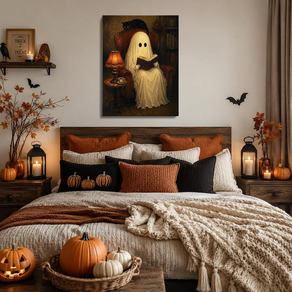 Halloween Canvas Wall Art, Reading Ghost with Black Cat Halloween Pictures