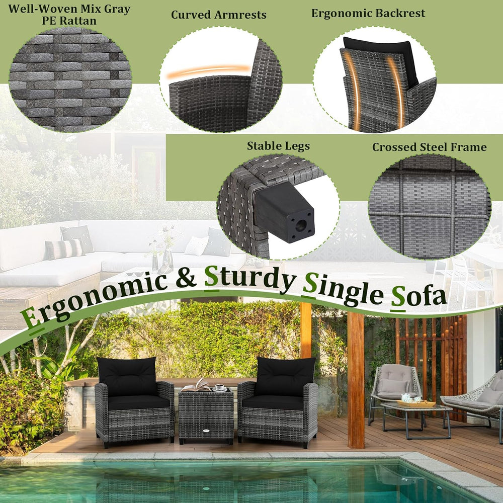 RELAX4LIFE 3 Piece Patio Furniture Set, Wicker Bistro Conversation Set w/2 Cu...