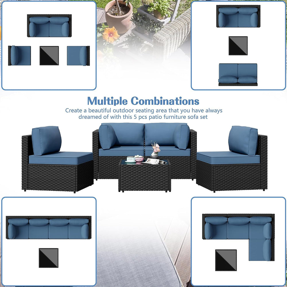5 Piece Outdoor Patio Furniture Set with Black PE Rattan, Navy Blue