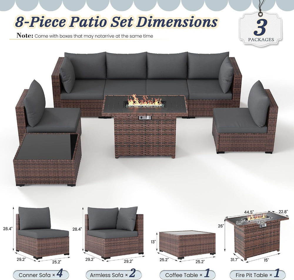 UDPATIO Patio Furniture Set with Fire Pit Table, 8-Piece Wicker Patio Set