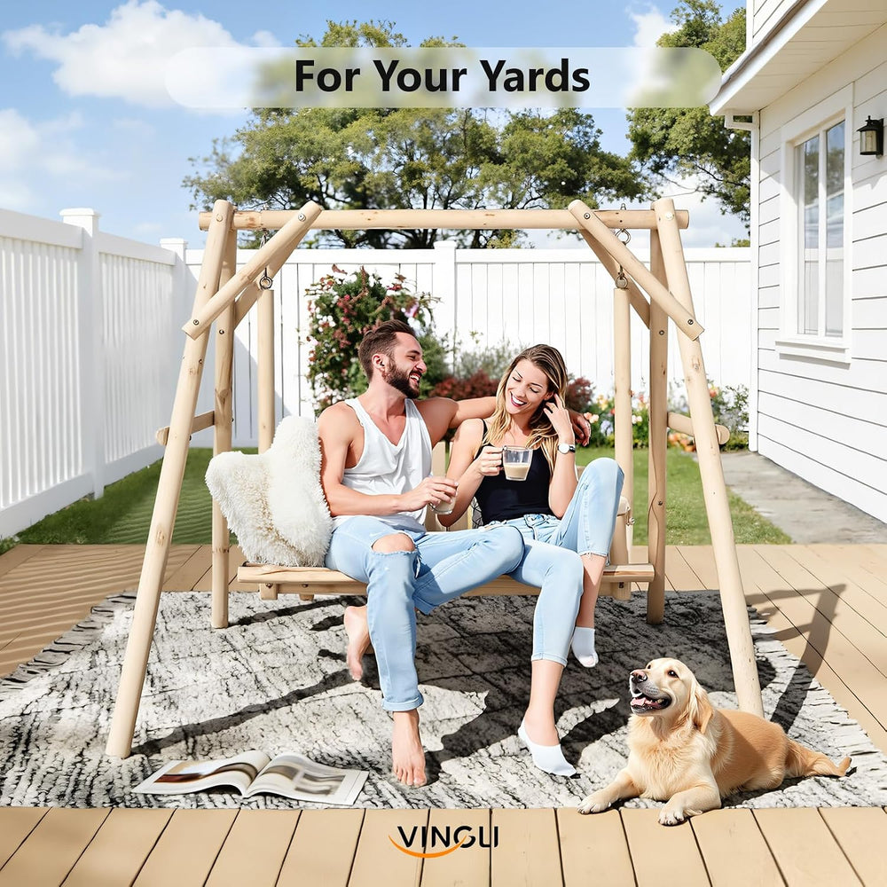 VINGLI 880 LBS Wooden Porch Swing with A-Frame Stand, Natural Outdoor Swing