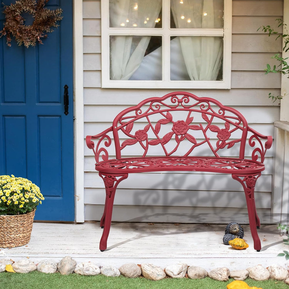 VINGLI 38.5" Patio Park Garden Outdoor Metal Rose Bench, 2-Person Cast I...