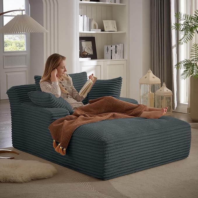 67 Inch Chaise Lounge Chair Indoor, Oversized Corduroy Upholstered Boneless S...