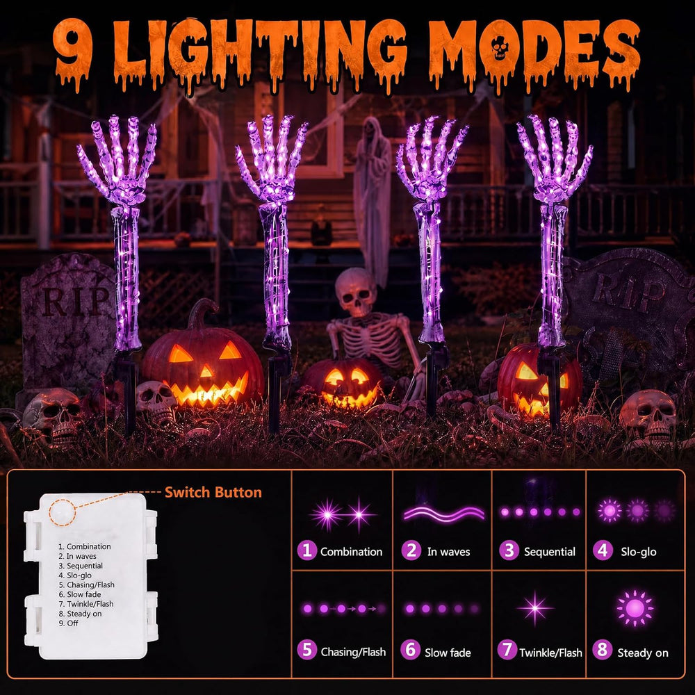 Halloween Skeleton Arm Stakes 4‑Pack, 160 Purple LED Battery‑Powered Lights