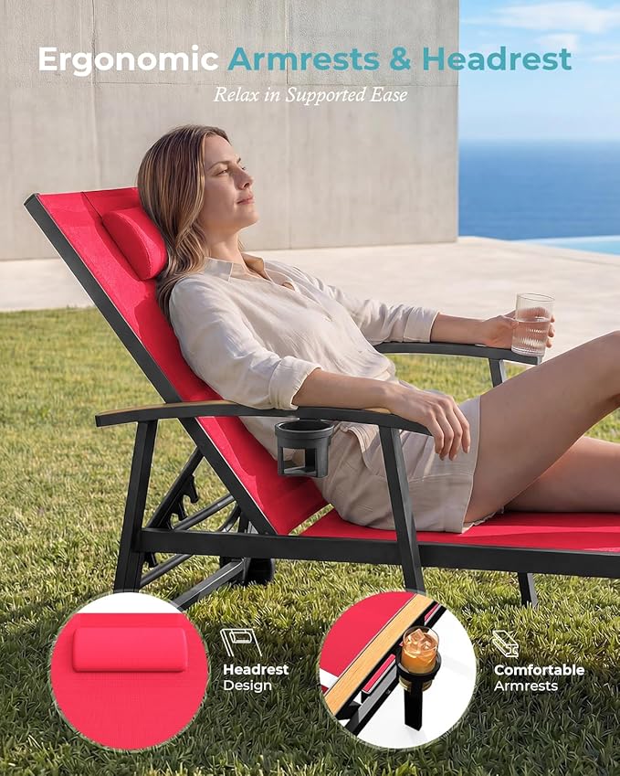Ciokea Outdoor Lounge Chair with Pillow, 5-Position Aluminum Chaise Lounge wi...