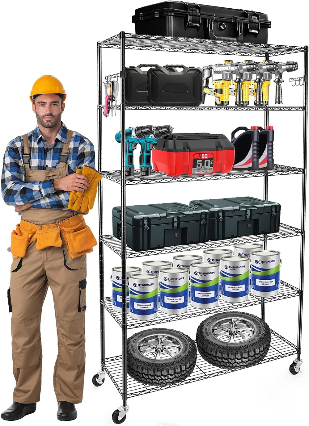 YNN Storage Shelves,2100Lbs 6 Tier Heavy Duty Metal Rolling Shelving Unit wit...